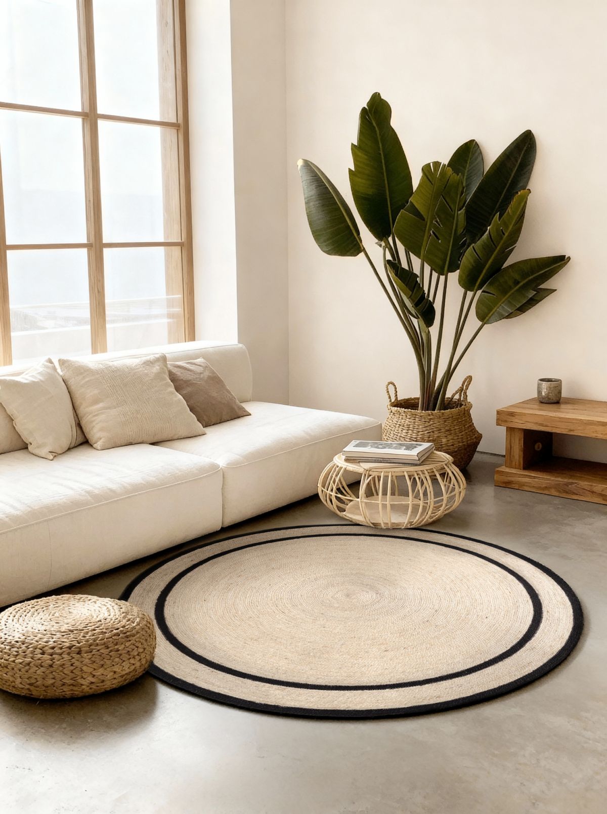Kruhový kusový koberec Hanse Home Jute Braided 106331 Natural Ivory Black Ø 200 cm